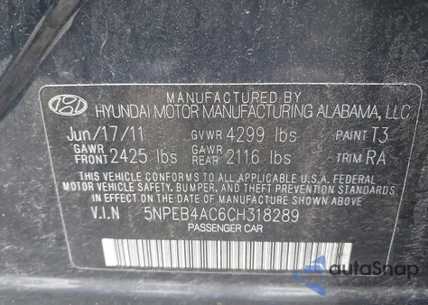 2012 Hyundai Sonata Gls из США, поврежденный, VIN 5NPEB4AC6CH318289
